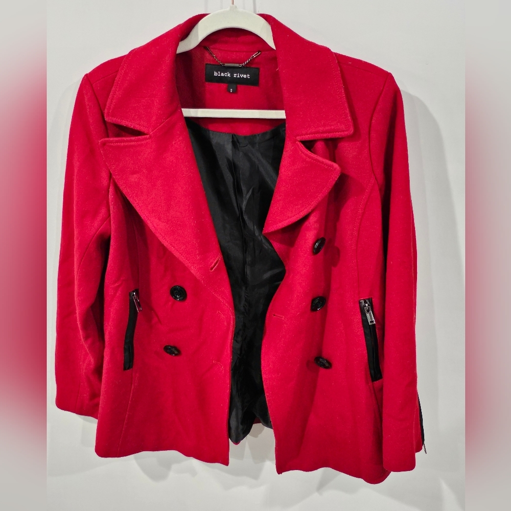 Black Rivet Red Pea Coat Jacket - Picture 8 of 8